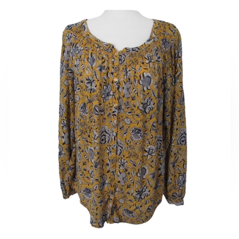 Lucky Brand Yellow and Blue Floral Button-Down Collarless Top Size L